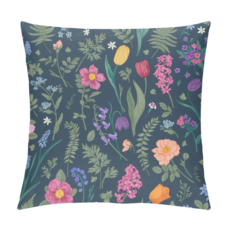 Personality  Vintage Print With Small Flowers On A Dark Background. Vector Floral Seamless Pattern. Spring And Summer Garden And Meadow Plants. Pillow Covers