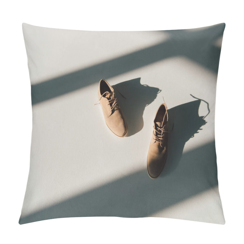 Personality  Pair Of Beige Suede Shoes On Floor In Sunlight With Shadows Pillow Covers