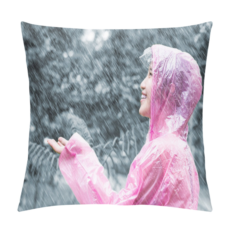 Personality  Asian Woman In Pink Raincoat Enjoying The Rain In The Garden Pillow Covers