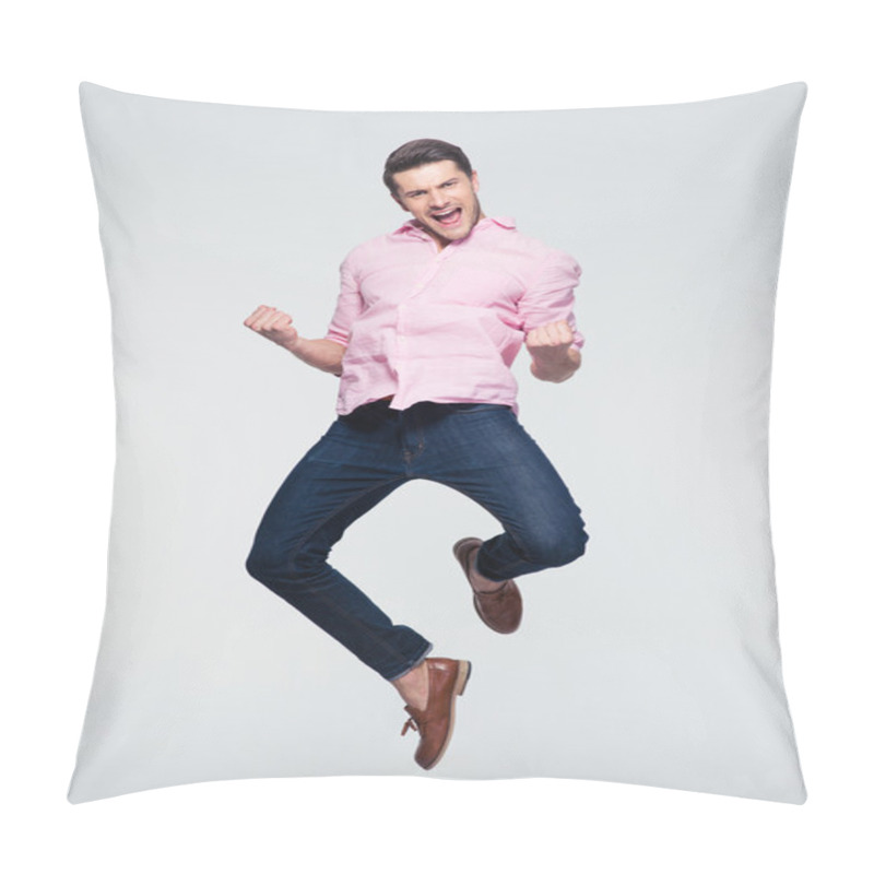 Personality  Businessman Celebrating His Success And Jumping Pillow Covers