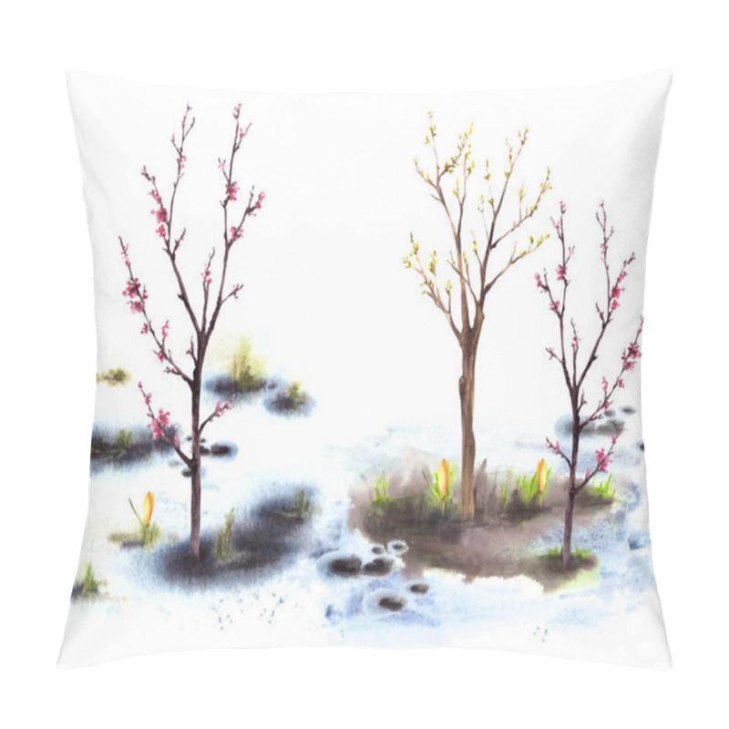 Personality  Primary Plants Flowers, Blossoming Spring Tree, First Buds And Leaves On The Trees On Background Of Melting Snow. Hand Drawn Watercolor Landscape Nature Awakening After Winter Isolated Illustration  Pillow Covers