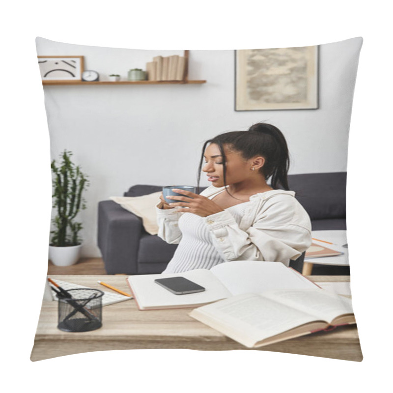 Personality  A Young Woman Focuses Intently On Her Remote Studies While Sipping Tea At Home. Pillow Covers