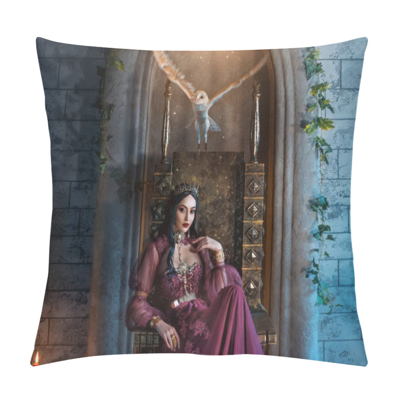 Personality  Art Photo Real People Fantasy Woman Evil Elven Queen Sits On Throne, Dark Magic Purple Long Dress. Sexy Face Witch Elf Girl. Gothic Vampire Princess, Crown. Barn Owl Fly Flaps Wings. Halloween Costume Pillow Covers