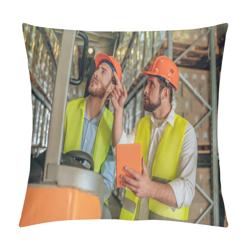 Personality  Two Warehouse Workers In Helmets Having A Work Conversation Pillow Covers