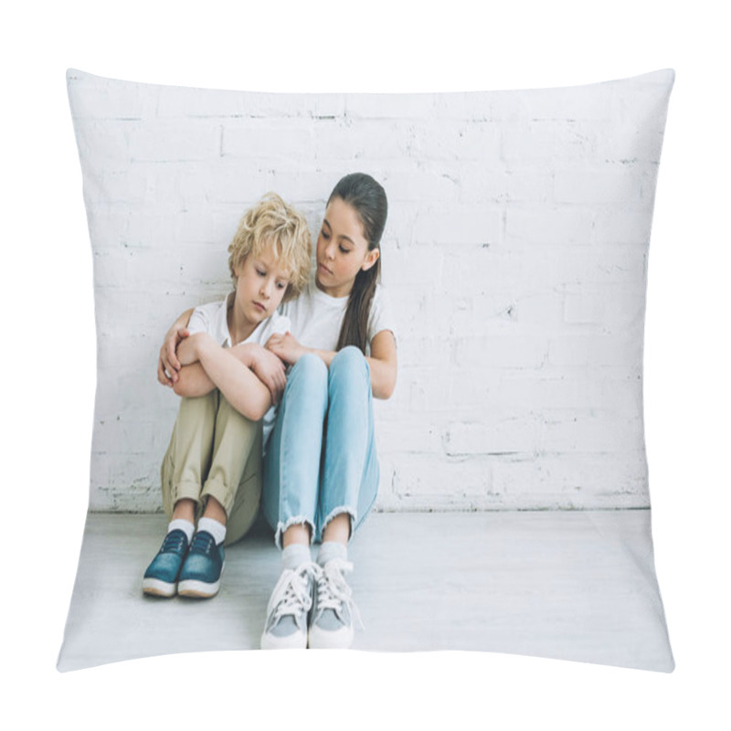 Personality  Upset Sister And Brother Sitting On Floor At Home Pillow Covers