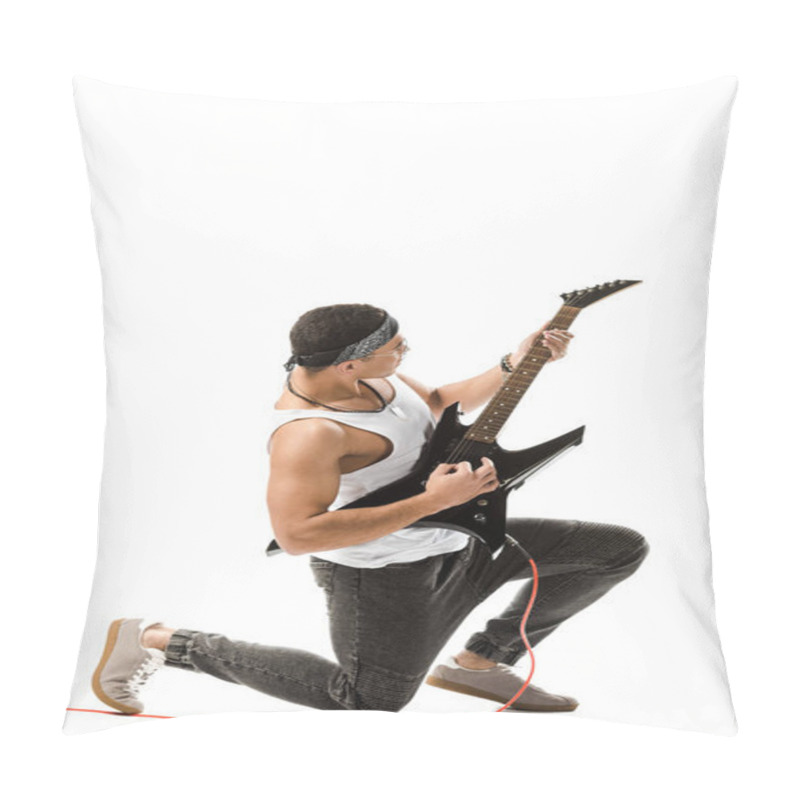 Personality  Young Mixed Race Rocker Playing On Electric Guitar Isolated On White Pillow Covers