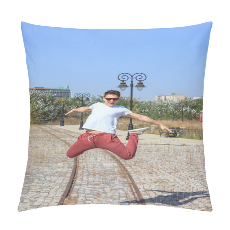 Personality  Male Teenager Jumps In Retro Park And Wearing Sunglasses Pillow Covers