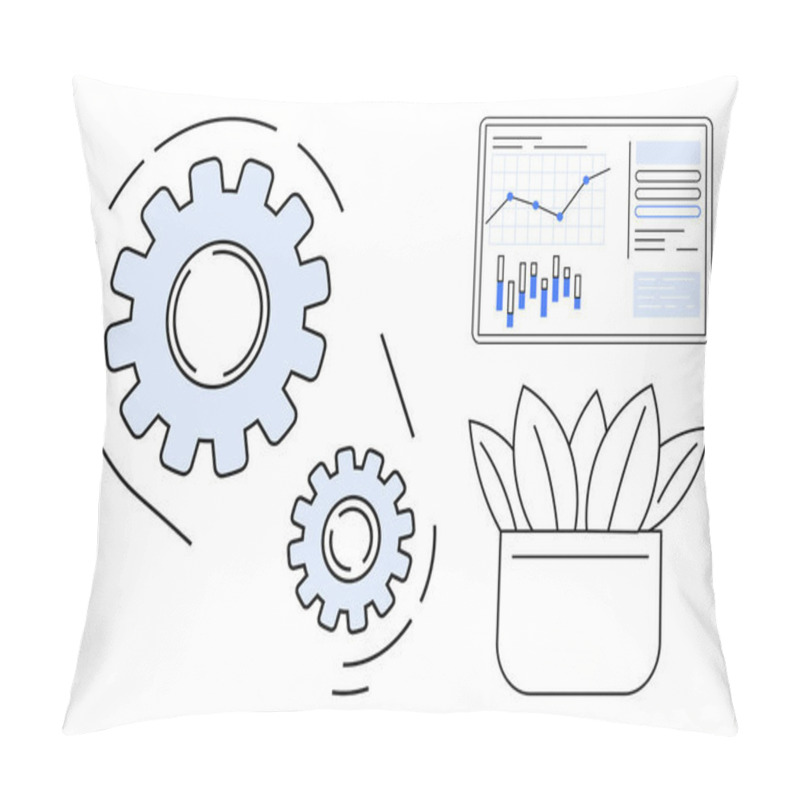 Personality  Gears Representing Workflow, Growth Chart With Statistics And Graphs, And A Plant Pot Symbolizing Growth And Development. Ideal For Business, Productivity, Strategy, Growth, Team Collaboration Pillow Covers