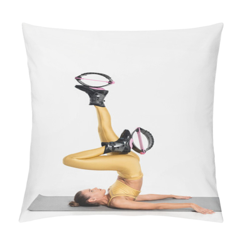 Personality  Woman In Active Wear Stretching Body On Fitness Mat, Kangoo Jumping Shoes, Energy, Dynamic  Pillow Covers