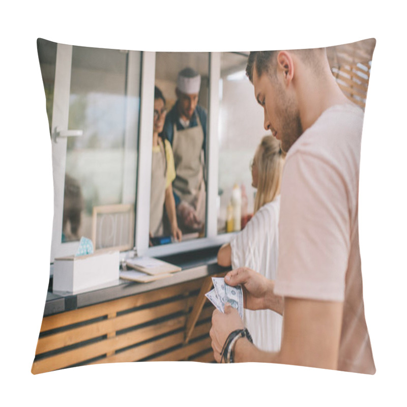 Personality  Young Man Counting Money While Standing In Line At Food Truck Pillow Covers