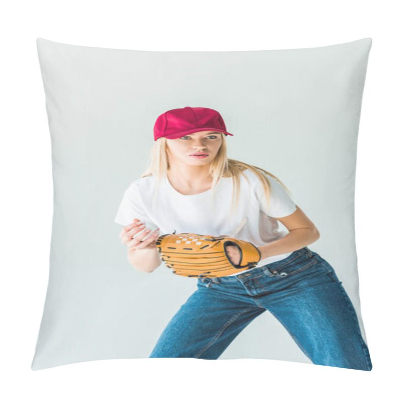 Personality  Attractive Baseball Player In Red Cap Holding Baseball Ball And Glove Isolated On White Pillow Covers