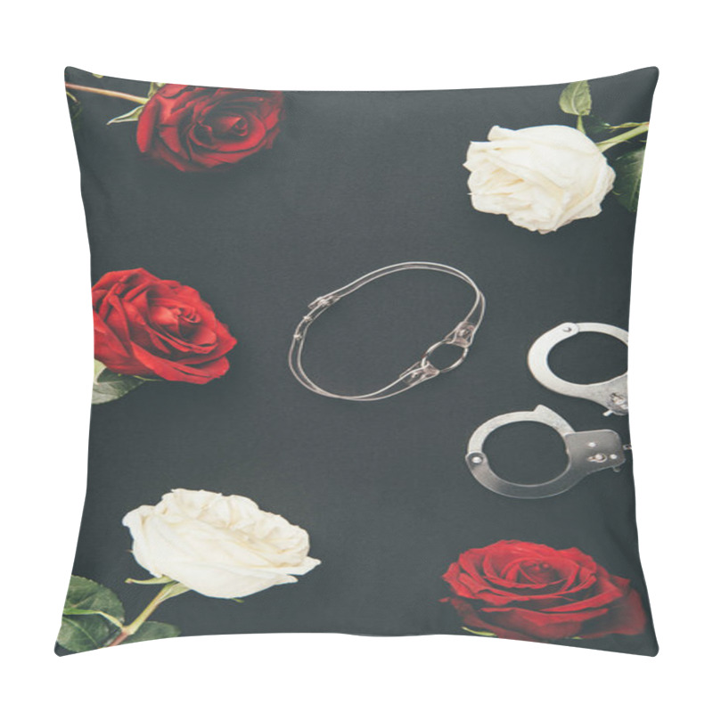 Personality  Collar And Handcuffs With Rose Flowers Isolated On Black Pillow Covers