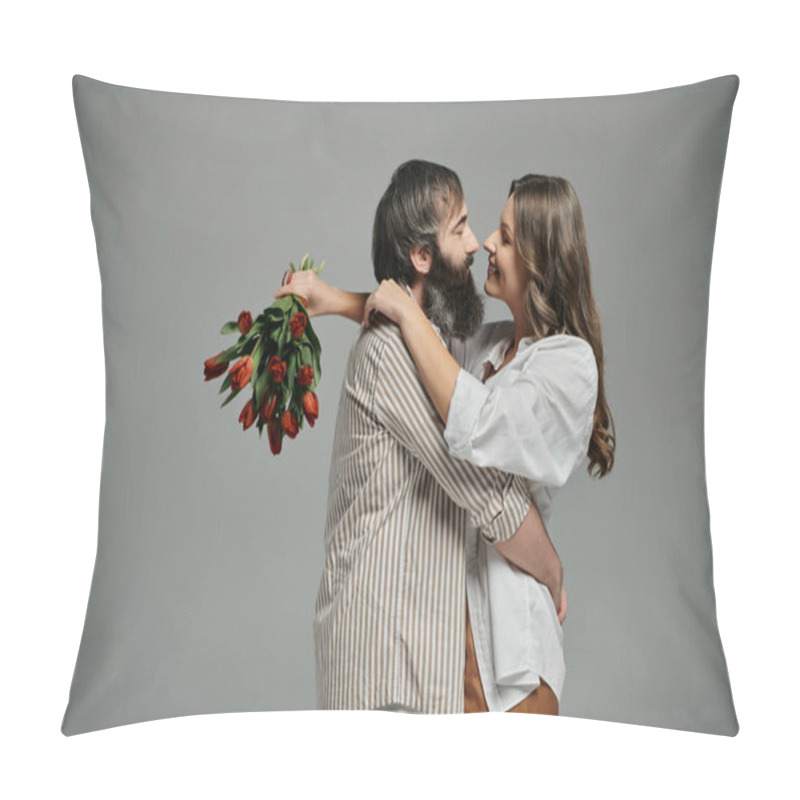 Personality  A Couple In Sophisticated Attire Embraces, The Woman Holding A Bouquet Of Red Tulips. Pillow Covers