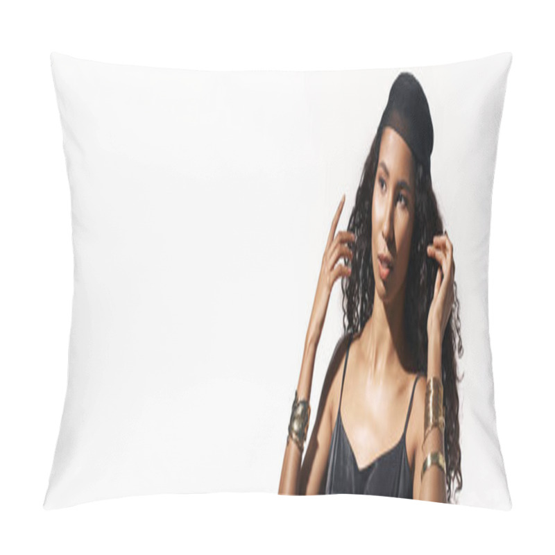 Personality  Beautiful Woman With Curly Hair Showcases Stylish Jewelry In A Chic, Modern Space. Pillow Covers