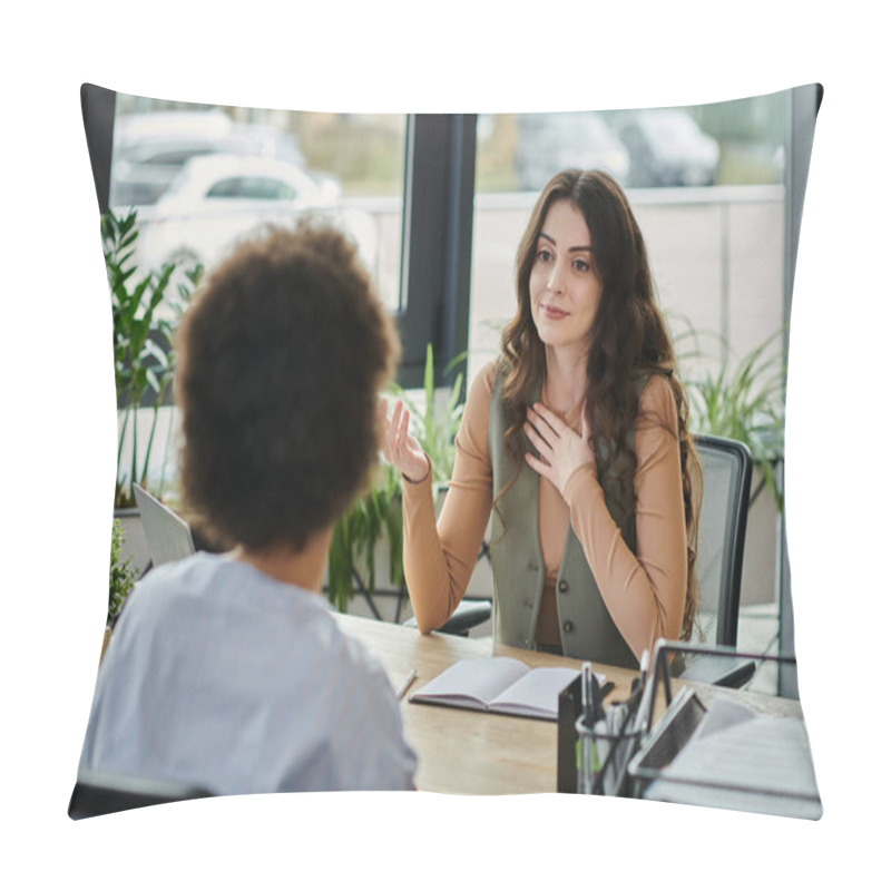 Personality  Professionals Converse About Job Transitions In A Stylish Workplace. Pillow Covers