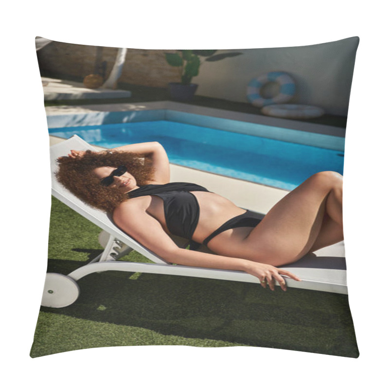 Personality  A Woman With Curly Hair Relaxes In A Black Swimsuit On A White Lounge Chair By A Pool. Pillow Covers