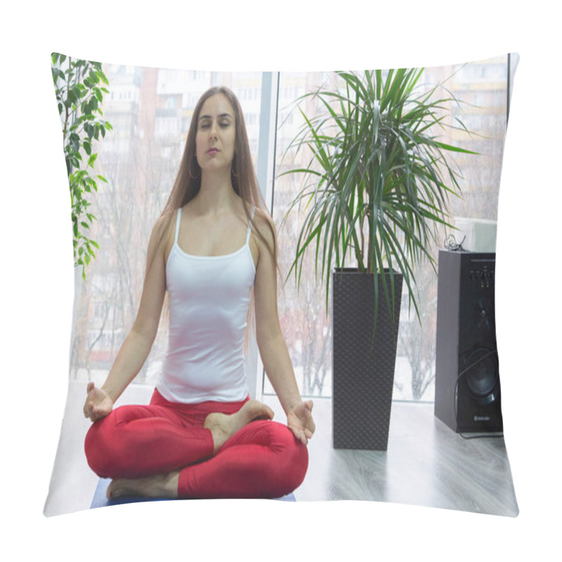 Personality  Portrait Of Gorgeous Young Woman Practicing Yoga Indoor. Beautiful Girl Smiling During Practice Class. Calmness And Relax, Female Happiness Concept Full Length Pillow Covers