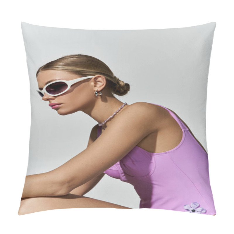 Personality  Blonde Woman In Chic Purple Swimsuit And Sunglasses. Pillow Covers