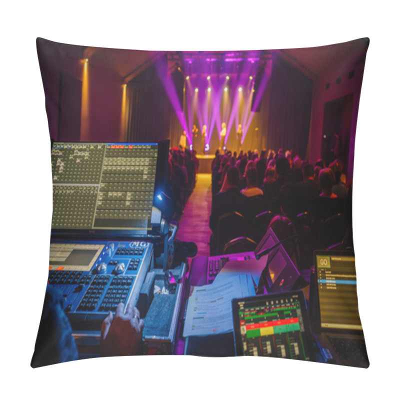 Personality  Valmiera, Latvia - October 11, 2024 - Vecpuisis. A View Of A Control Panel In A Theater, Showing The Stage And Audience In The Background With Purple Lighting, Capturing A Live Event Production Setup. Pillow Covers