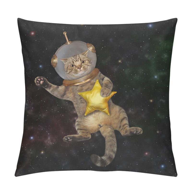 Personality  A Beige Cat Astronaut Wearing A Space Suit With A Golden Star Is In Outer Space. Pillow Covers