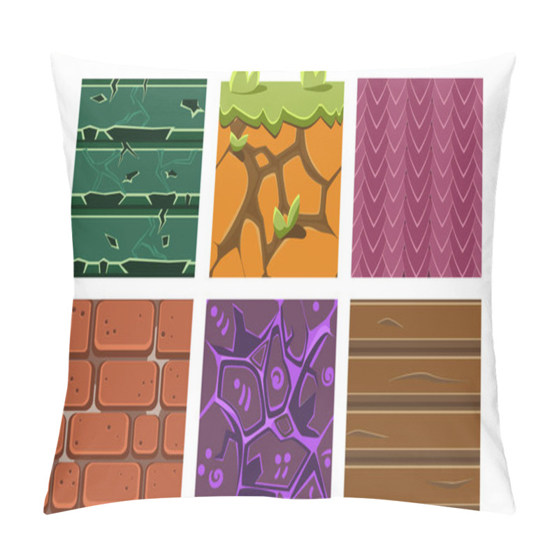 Personality  Flat Vector Set Of Seamless Textures And Materials For Games. Dry Soil With Grass, Wood, Bricks And Gems. Gaming Assets Pillow Covers