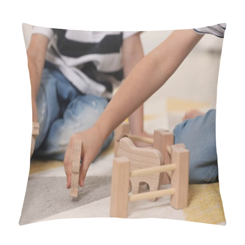 Personality  Little Children Playing With Set Of Wooden Animals Indoors, Closeup Pillow Covers