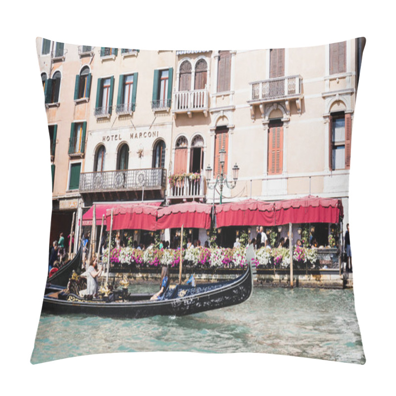 Personality  VENICE, ITALY - SEPTEMBER 24, 2019: Gondolas With Tourists Floating Near Hotel Marconi In Venice, Italy  Pillow Covers