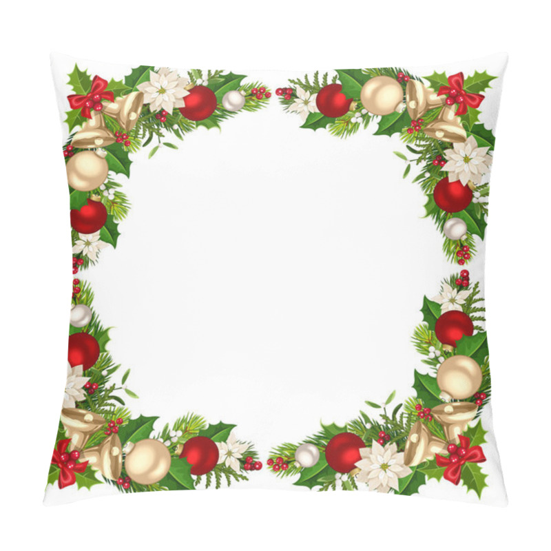 Personality  Christmas Frame With Green Fir Branches, Christmas Bells, Balls, Poinsettia Flowers, Holly, And Mistletoe. Vector Christmas Border Pillow Covers