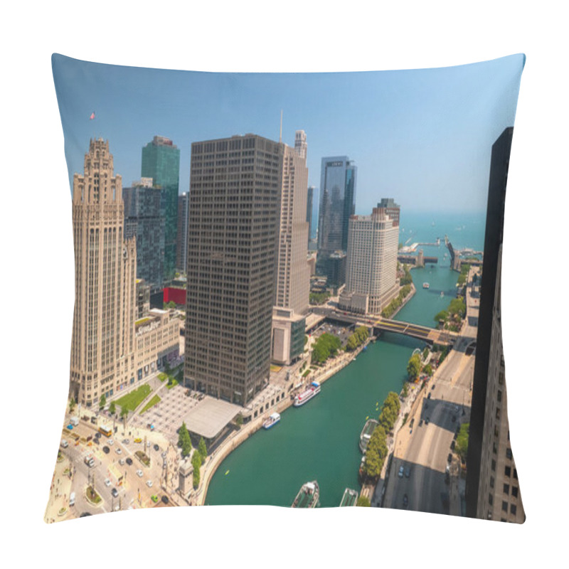 Personality  Chicago, Illinois, USA -19 JUN 2023 : Aerial View Of High Rise Buildings In Downtown Chicago Along Lake Michigan Coast. Pillow Covers