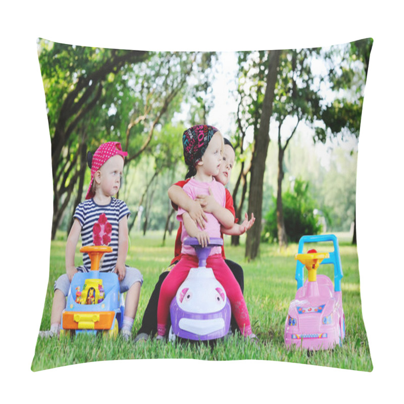 Personality  Little Boy And Girl Driving A Toy Car. Baby Boy Embraces Girl Pillow Covers