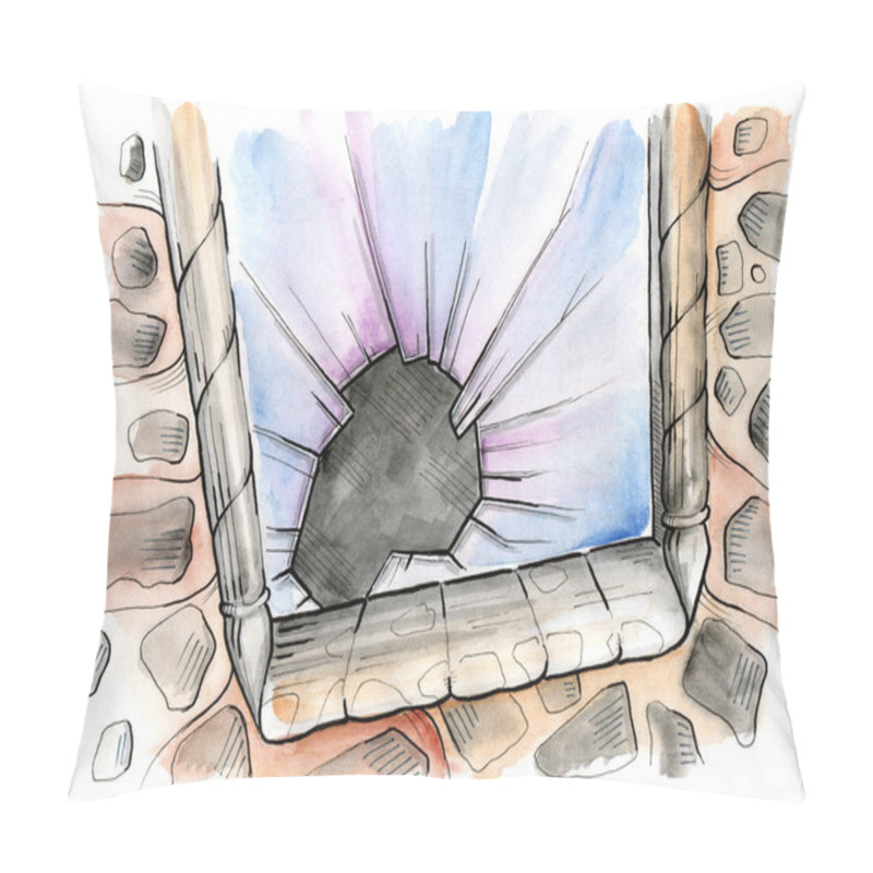 Personality  Broken Window. Old Window On Historical Building With Stone Wall. Hand Drawn Illustration. Watercolor Painting Pillow Covers