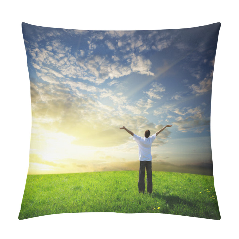 Personality  Field Of Grass And Happy Young Man Pillow Covers