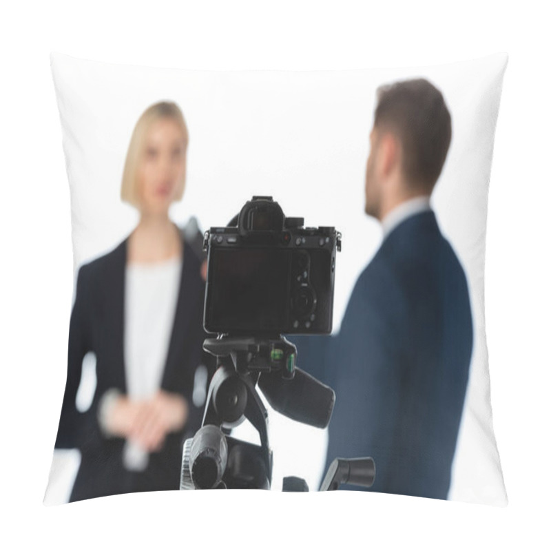 Personality  Selective Focus Of Digital Camera Near Couple Of News Anchors On Blurred Background Isolated On White Pillow Covers