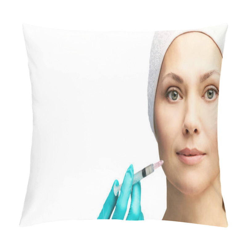 Personality  Woman Face Cosmetology Treatment. Biorevitalization Skin Therapy. Doctor Insert Filler. Girl Clinic Facial Mesotherapy. Injecting In Medical Salon Pillow Covers