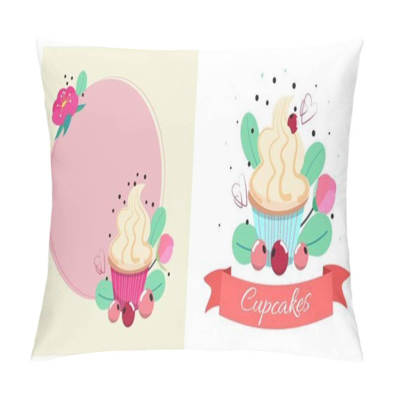 Personality  Delicious Cupcakes With Butter Cream Topping, Leaves, Flowers, Berries And Hearts. Pastry Shop Banner With Cupcake. Menu Card For Cupcake Shop. Sweet Dessert With Love. Valentine's Day.  Pillow Covers