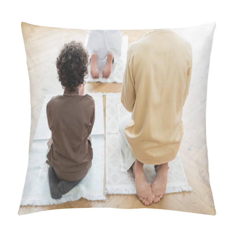 Personality  Back View Of Muslim Boy Praying Near Dad And Grandfather At Home  Pillow Covers