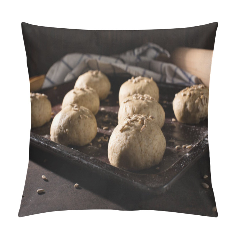 Personality  Homemade Wholemeal Buns Dough On Wooden Table With Flour, Rolling-pin On Dark Rustic Background. Selective Focus, Copy Space. Alternative Handmade Food Cooking Concept. Pillow Covers