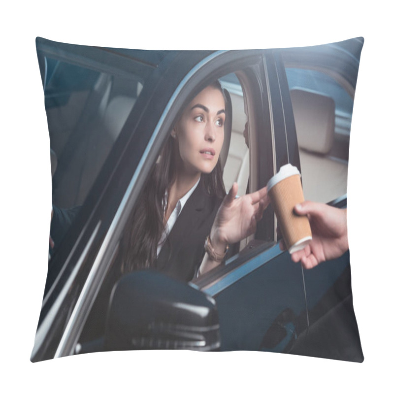 Personality  Woman Getting Coffee In Drive-through Pillow Covers