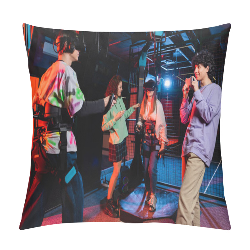 Personality  Cheerful Boy Taking Picture Of Interracial Teenagers Gaming On Vr Platform Pillow Covers