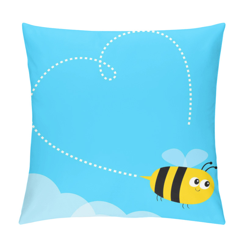 Personality  Flying Bee Icon. Dash Line Heart. Big Eyes. Happy Valentines Day. Cute Cartoon Funny Baby Caharacter. Flat Design. Blue Sky Background. White Cloud. Vector Illustration Pillow Covers