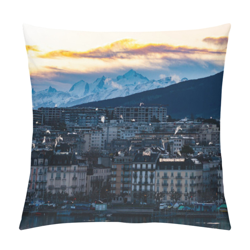 Personality  Genevas Cityscape At Sunrise Features Smoking Chimneys, Waterfront Buildings, And Mont Blanc Mountain Range In The Alps, Creating A Breathtaking Winter Scene. Pillow Covers