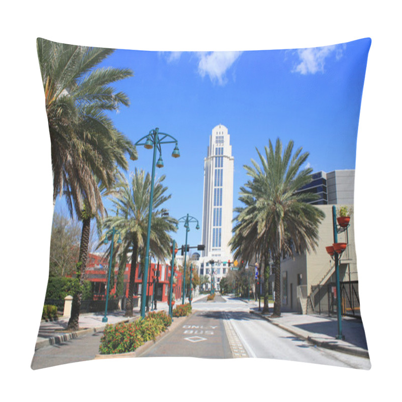 Personality  A Horizontal View Of Downtown Orlando, Florida, Looking North On Magnolia Avenue At The Orange County Courthouse. Pillow Covers