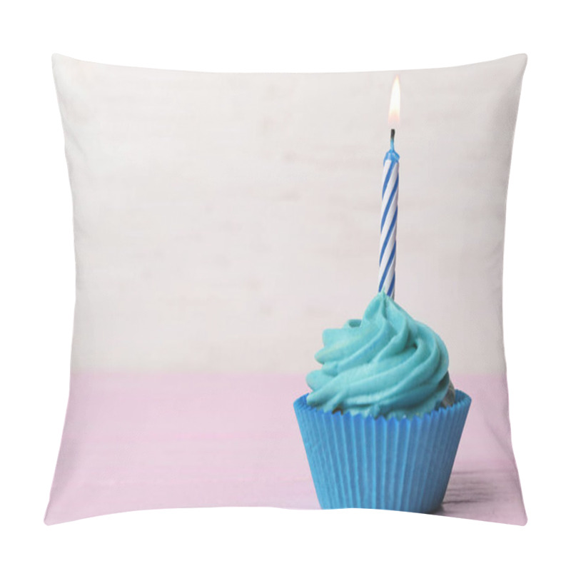 Personality  Delicious Birthday Cupcake With Cream And Burning Candle On Pink Table. Space For Text Pillow Covers