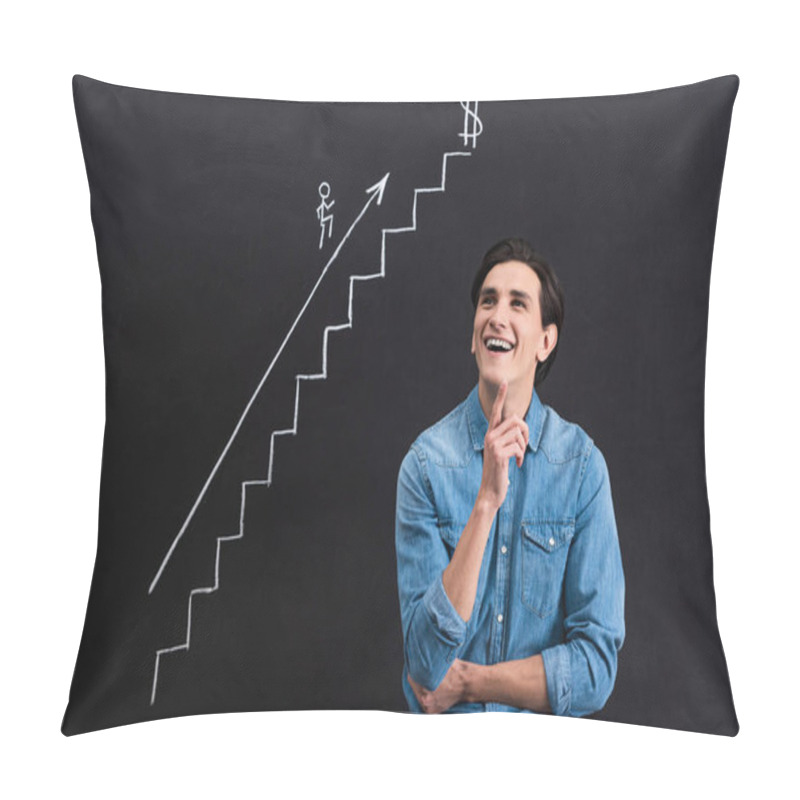 Personality  Cheerful Pensive Man With Startup Drawing On Blackboard Pillow Covers