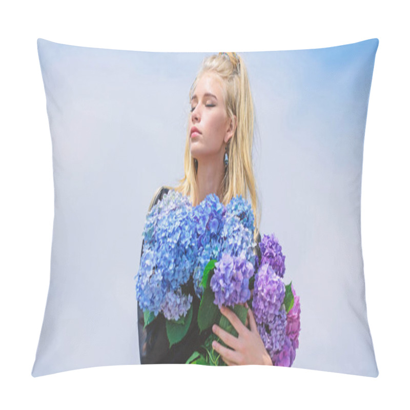 Personality  Makeup And Fashion Style. Fashion Trend Spring. Meet Spring With New Perfume Fragrance. Flowers Tender Fragrance. Fashion And Beauty Industry. Girl Tender Fashion Model Hold Hydrangea Flowers Bouquet Pillow Covers