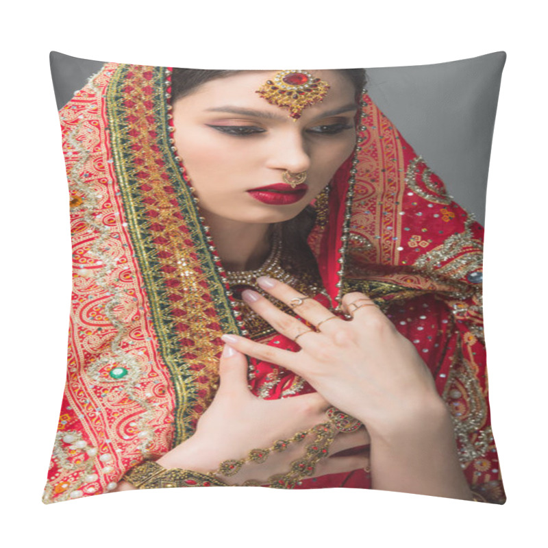 Personality  Attractive Indian Woman Posing In Traditional Sari, Isolated On Grey  Pillow Covers