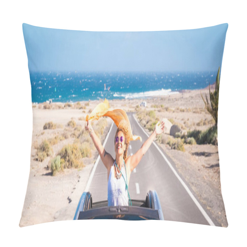 Personality  One Young Woman Enjoying And Having Fun In Their Vacations Outdoors  Pillow Covers