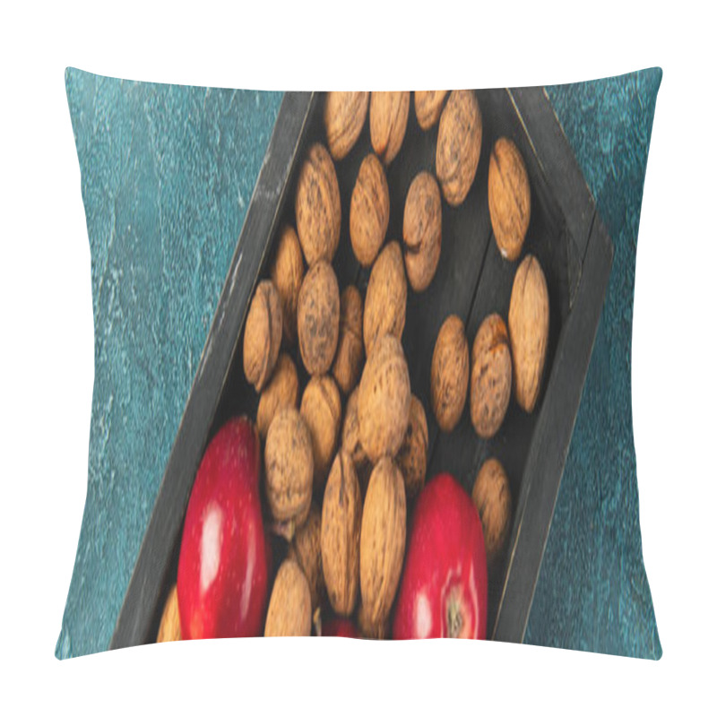 Personality  Ripe Apples And Whole Walnuts In Black Wooden Tray On Blue Textured Surface, Thanksgiving, Banner Pillow Covers