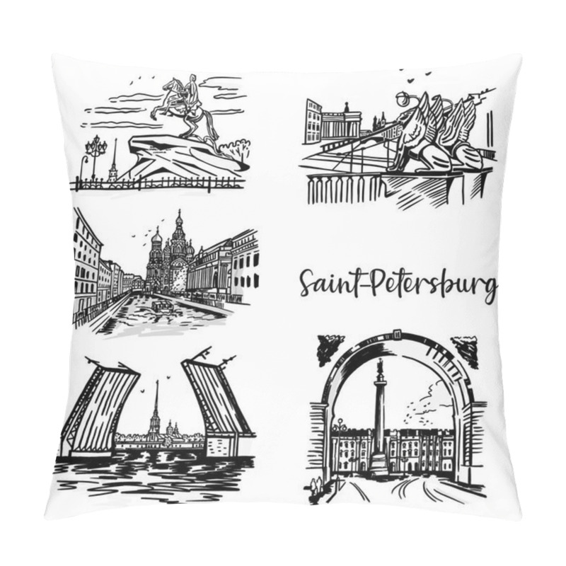 Personality  A Set Of Views Of St. Petersburg Russia. Graphic Sketches. Black And White Architecture Pillow Covers