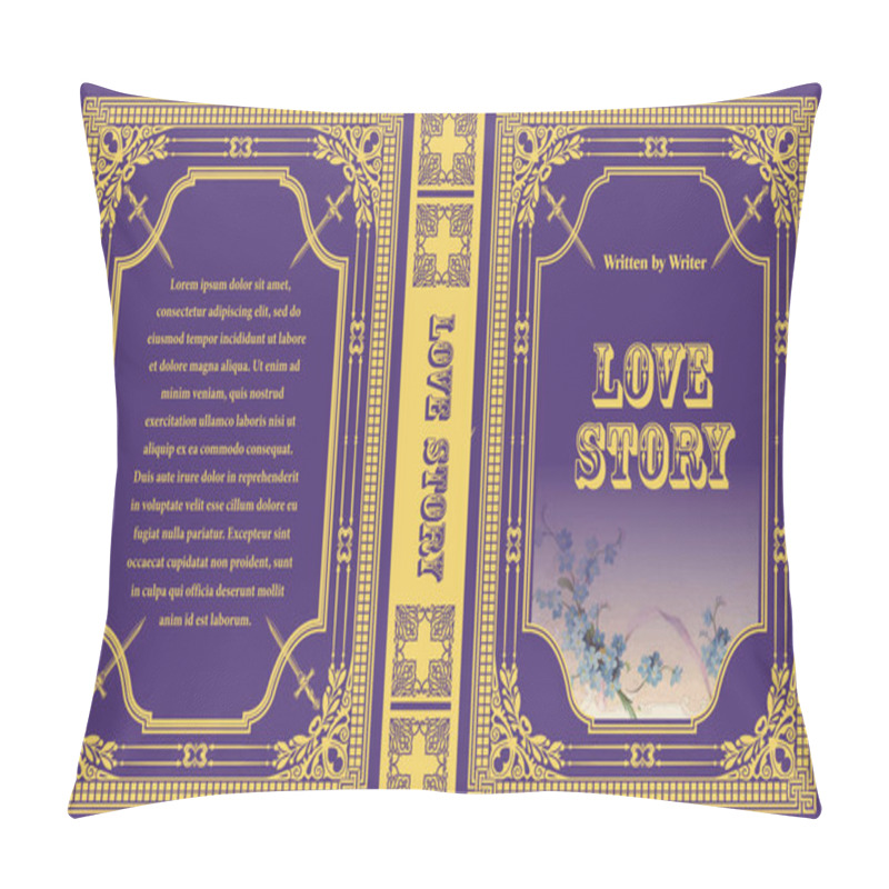 Personality  Elegant Purple And Gold Book Cover Design Featuring A Love Story Theme, Adorned With Forget-me-nots And A Vintage Frame Pillow Covers